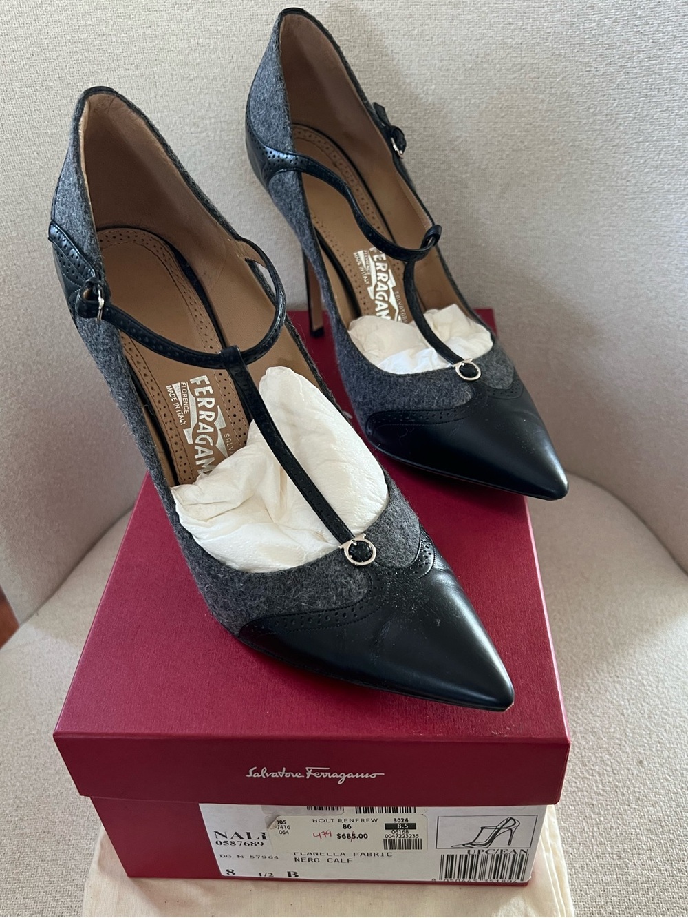 Salvatore Ferragamo Black and Gray T‑Strap Pointed Toe Pumps
